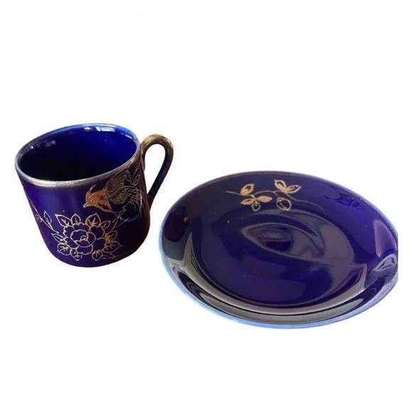 Chikaramachi Noritake Cobalt Blue Gold Bird Coffee Pot Cup Saucer Japan Vtg 40s - Picture 5 of 10